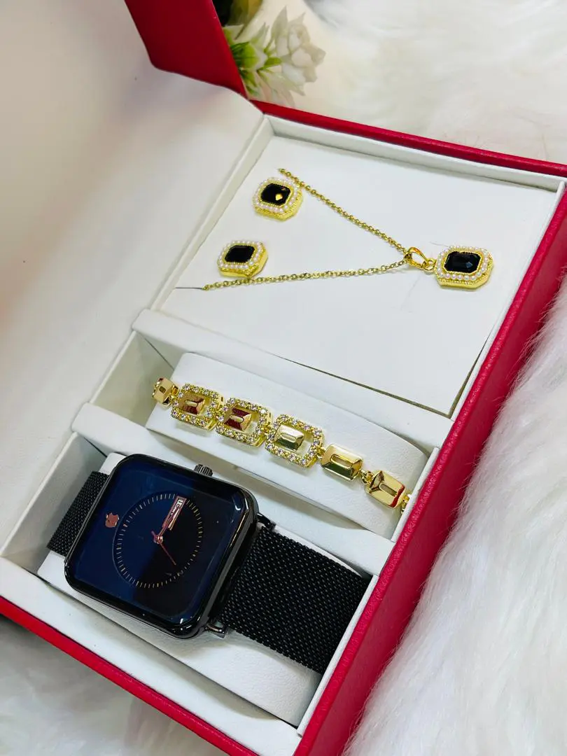 Conjunto de Joias Luxo Dourado - Relógio Apple, Pulseira, Colar e Brincos