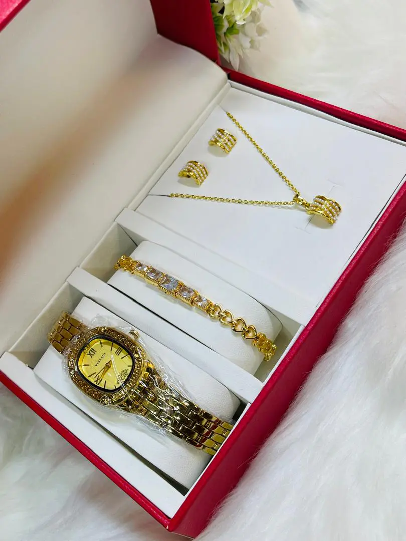 Conjunto de Joias Luxo Dourado - Relógio Versace, Pulseira, Colar e Brincos