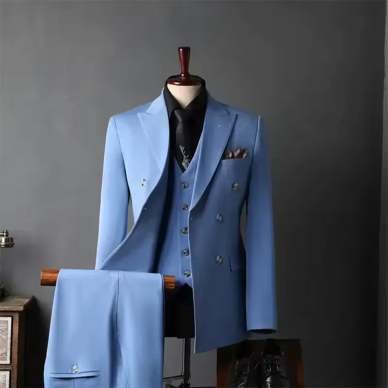 Terno Slim Fit Azul Duplo, três peças: Casaco, Calça e Colete