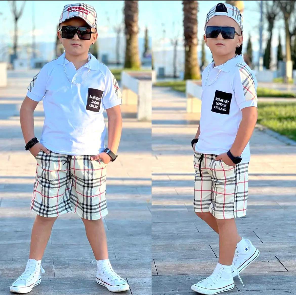 Conjunto Infantil Masculino Bermuda, Camiseta e Boné Burberry