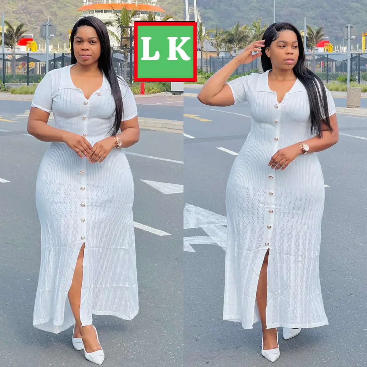 Vestido Midi Canelado Branco com Botões