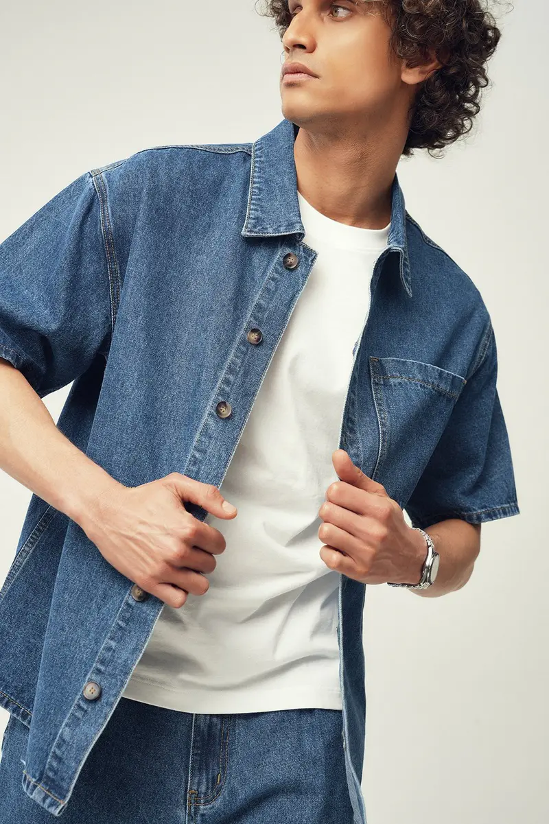 Camisa largo de ganga · Homem · Creme · Modelo 2