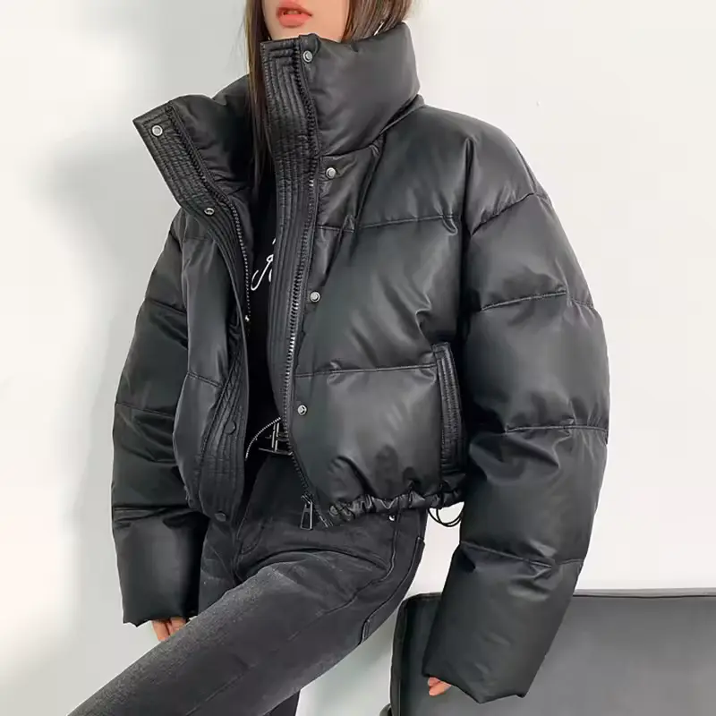 Gidyq-Parka curta em couro PU para mulheres