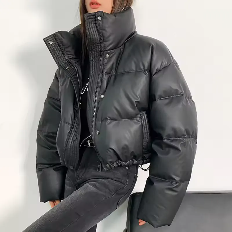 Gidyq-Parka curta em couro PU para mulheres · Preto