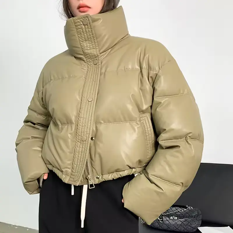 Gidyq-Parka curta em couro PU para mulheres