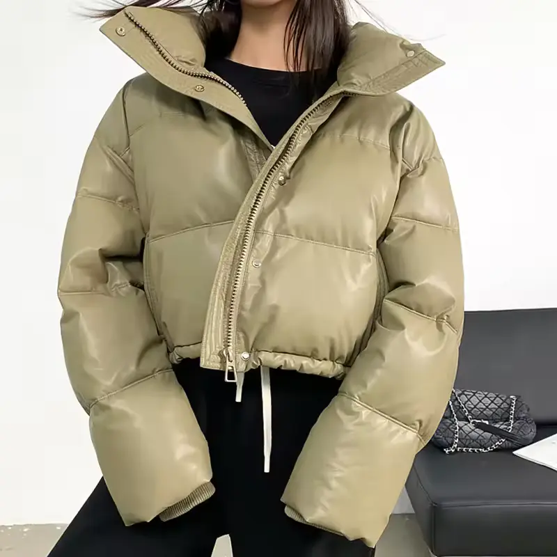 Gidyq-Parka curta em couro PU para mulheres