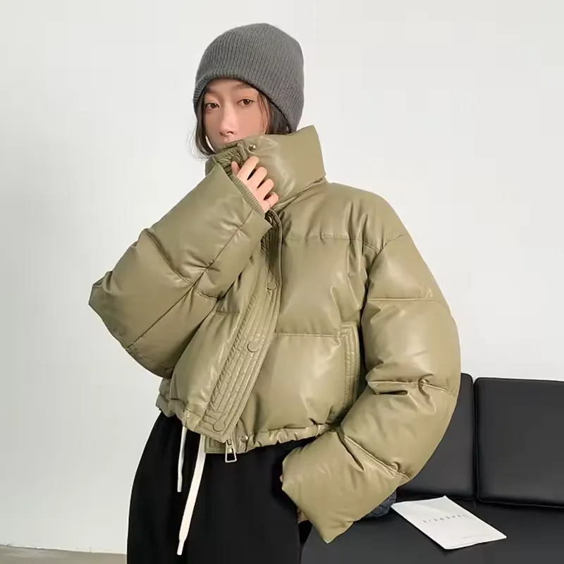 Gidyq-Parka curta em couro PU para mulheres · Bege