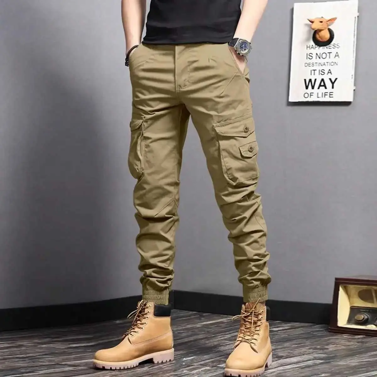 Calça Masculina de Trabalho ao Ar Livre Verão Elástica em Algodão com Bolsos