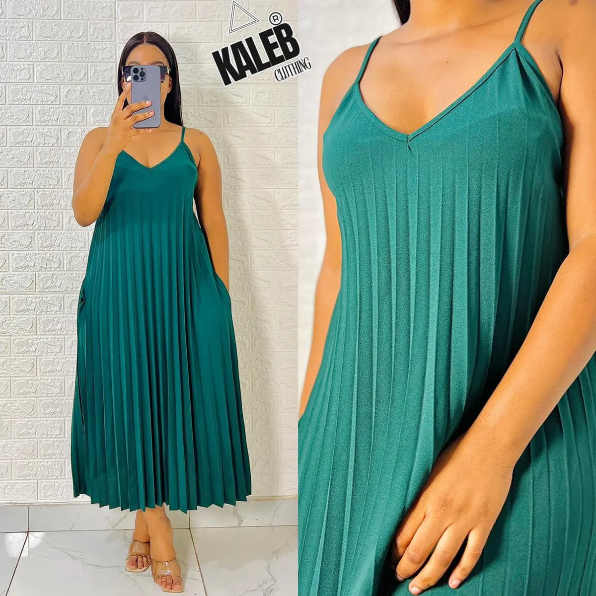 Vestido Plissado Midi Alças Finas Verde