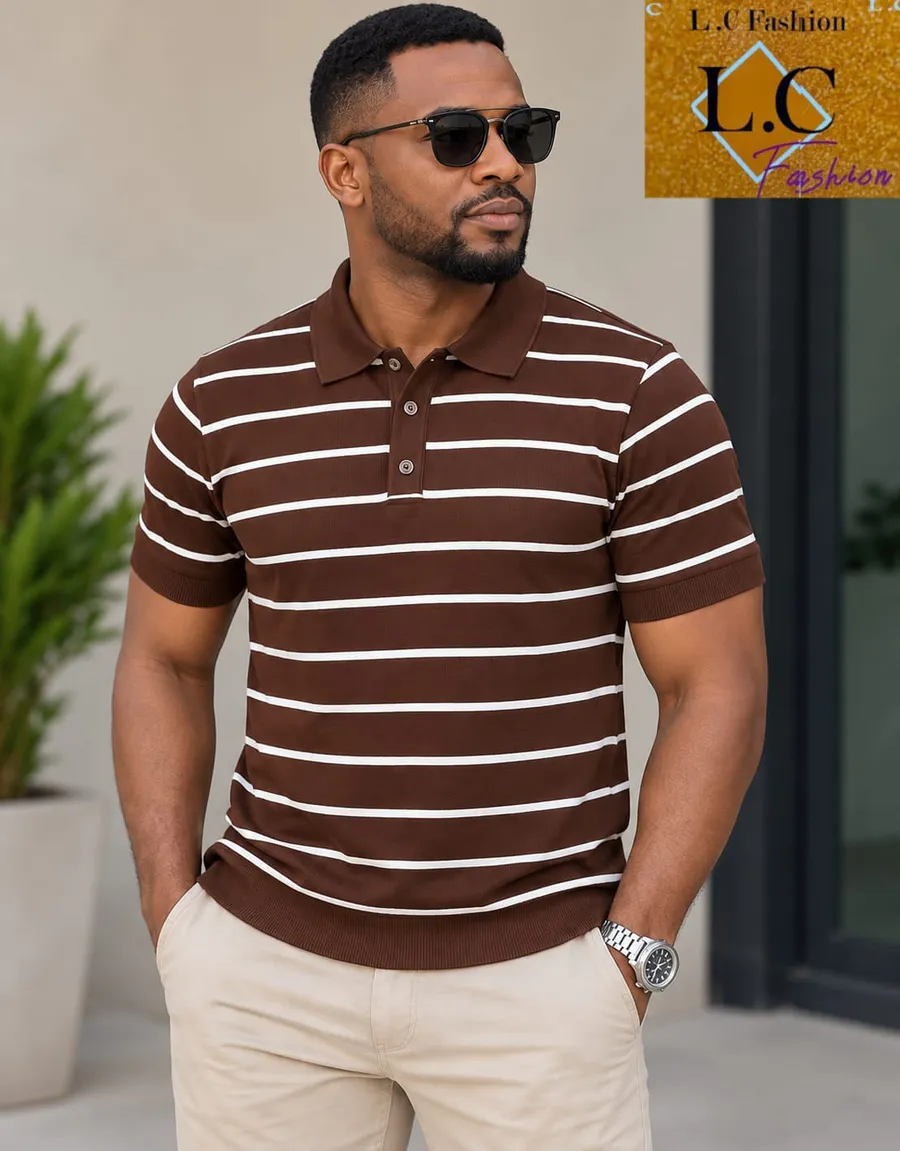 Camisa Polo Listrada Masculina Castanho / Branco
